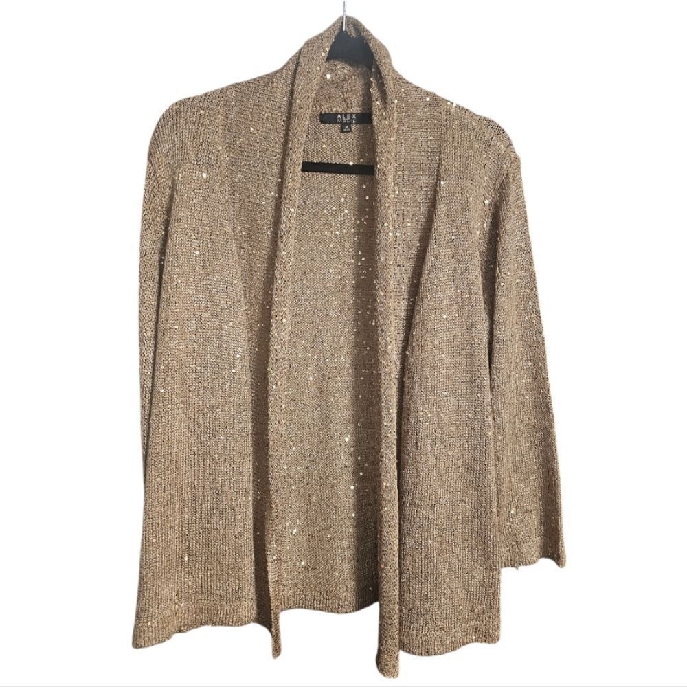 ALEX MARIE Gold Sequin Open Front 3/4 Sleeve Cardigan Sweater - Size Medium
